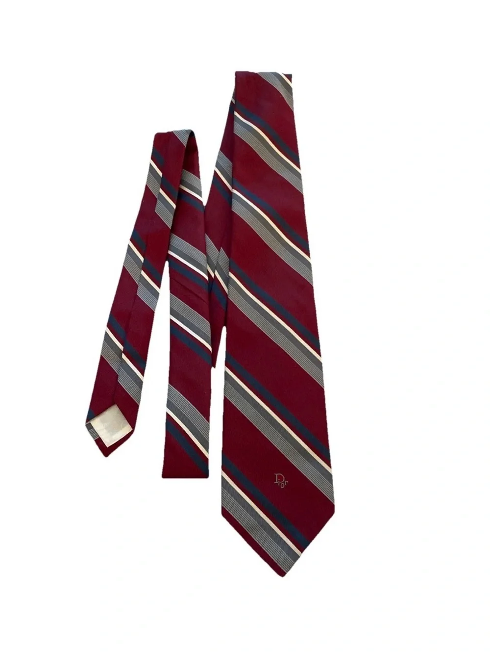 VTG Christian Dior Men’s Necktie Maroon White Blue Stripe Logo Wording
